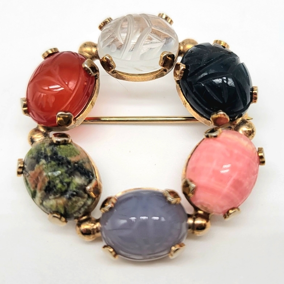 Vintage 1950s Egyptian Scarab Brooch with GENUINE GEMSTONES 12K GOLD FILLED - Picture 1 of 14